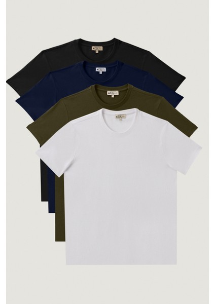 Erkek Beyaz-sıyah-lacıvert-hakı Slim Fit Dar Kesim Bisiklet Yaka %100 Pamuk 4'lü Tişört Paket