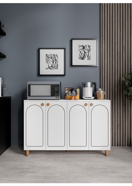 Stella Çok Amaçlı Bohem Dolap, 4 Kapaklı Bohem Kiler Mutfak Dolabı Beyaz, Bohem Konsol