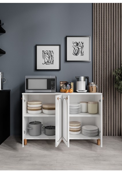Stella Çok Amaçlı Bohem Dolap, 4 Kapaklı Bohem Kiler Mutfak Dolabı Beyaz, Bohem Konsol modelleri