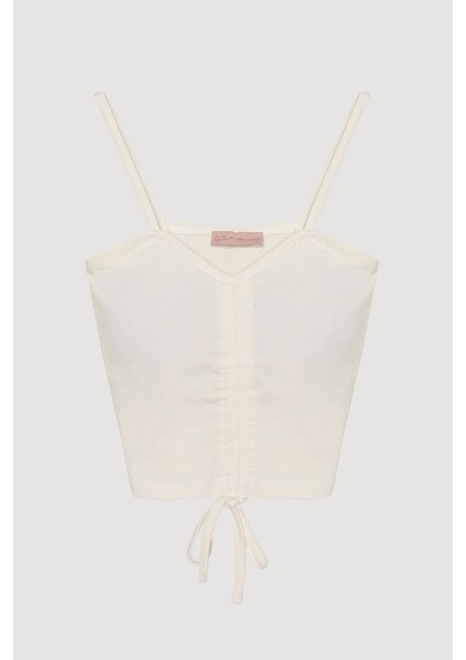 İnce Askılı Büzgü Detaylı Crop Bluz Siyah