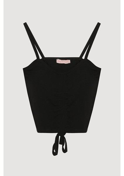 İnce Askılı Büzgü Detaylı Crop Bluz Siyah
