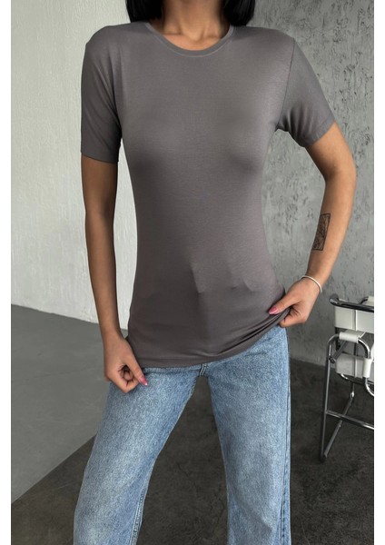 Rahat ve Şık Kısa Kollu Bisiklet Yaka Likralı Viskon Penye Body Füme modelleri