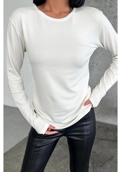 Rahat ve Şık Uzun Kollu Bisiklet Yaka Likralı Viskon Penye Body Ekru fiyatları