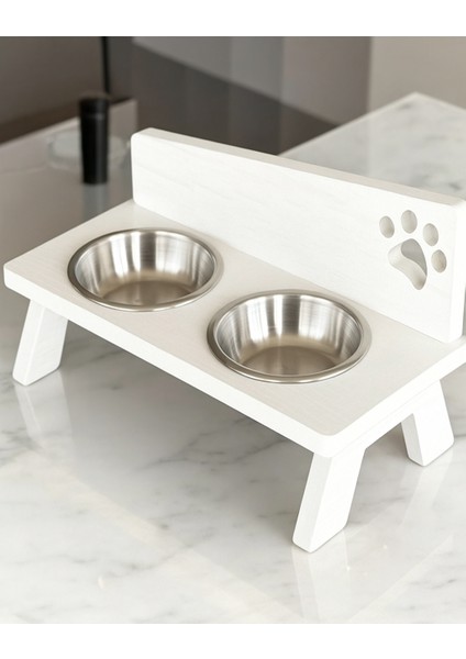 Ahşap, Çelik Kaseli Kedi- Küçük Irk Köpek Mama ve Su Kabı