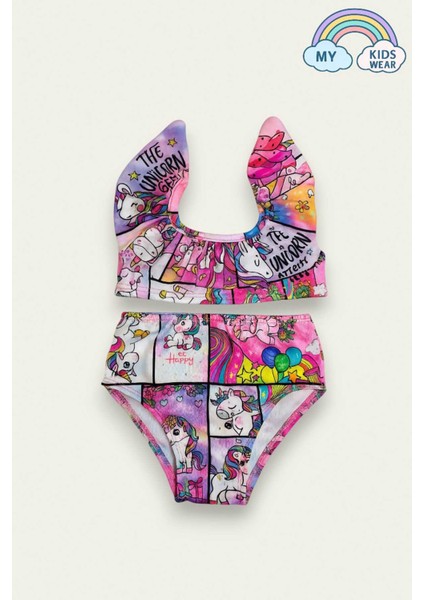 Kız Çocuk Fırfırlı Baskılı Yüksek Bel Mayo Takımı 3-10 Yaş 12031