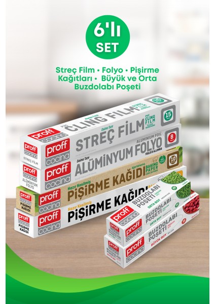 6 Lı Eko Paket- Pişirme Kağıtları, Alüminyum Folyo, Streç Film, Orta ve Büyük Boy Buzdolabı Poşeti