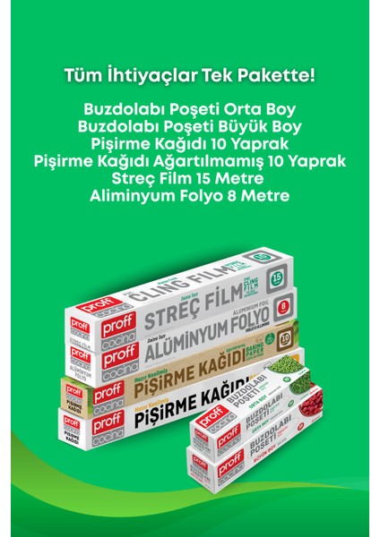 6 Lı Eko Paket- Pişirme Kağıtları, Alüminyum Folyo, Streç Film, Orta ve Büyük Boy Buzdolabı Poşeti modelleri