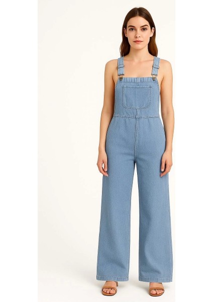 Kadın Chambray Açık Mavi Denim Görünümlü Geniş Paça Salopet Tulum - Mavi