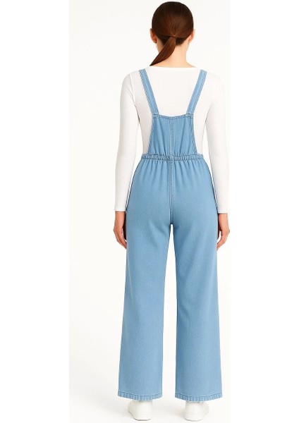 Kadın Chambray Açık Mavi Denim Görünümlü Geniş Paça Salopet Tulum - Mavi fiyatları
