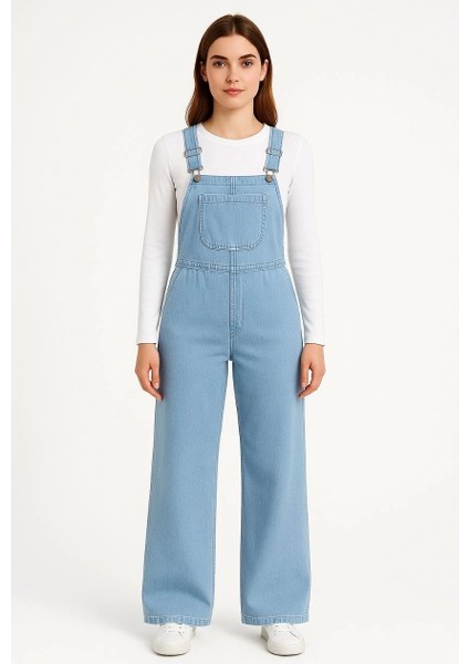 Kadın Chambray Açık Mavi Denim Görünümlü Geniş Paça Salopet Tulum - Mavi fırsatları