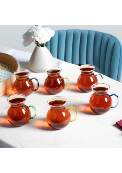 Keyfi Ala 6'lı Desensiz Borosilikat Cam Kulplu Şeffaf Çay Bardağı Modern Tasarım