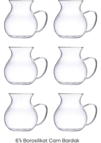 Keyfi Ala 6'lı Desensiz Borosilikat Cam Kulplu Şeffaf Çay Bardağı Modern Tasarım indirimleri