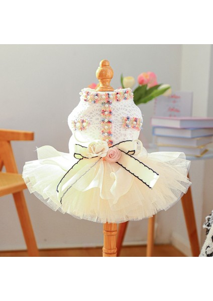 Köpek Elbisesi - Gelinlik - Renkli Çiçek ve Inci Işlemeli - Tül Etekli