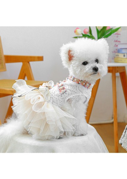 Köpek Elbisesi - Gelinlik - Renkli Çiçek ve Inci Işlemeli - Tül Etekli fiyatları