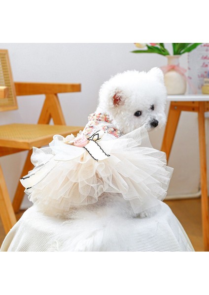 Köpek Elbisesi - Gelinlik - Renkli Çiçek ve Inci Işlemeli - Tül Etekli modelleri