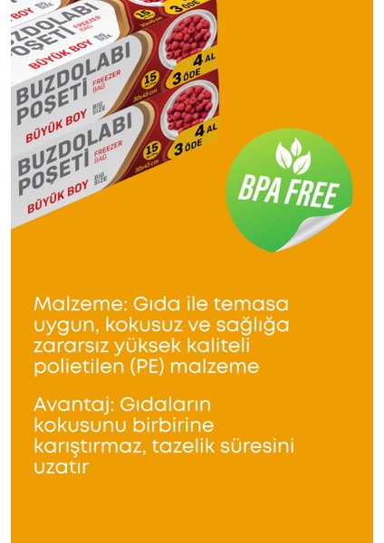 4 Adet 15’li Buzdolabı Poşeti Büyük Boy – Dayanıklı Gıda Saklama Torbası –30X45CM fırsatları
