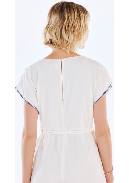 Nakış Detaylı Kemerli Kısa Kollu Tulum