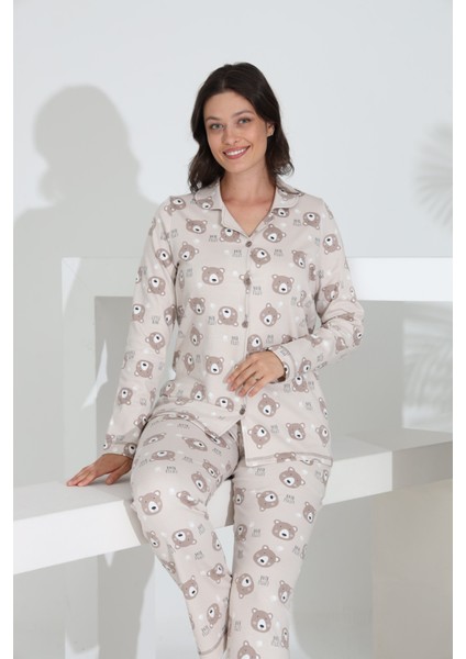 %100 Pamuk Uzun Kol Önden Düğmeli Kadın Pijama Takımı 98241