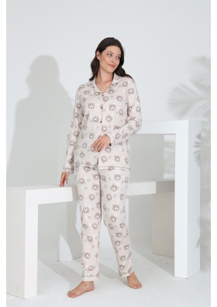 %100 Pamuk Uzun Kol Önden Düğmeli Kadın Pijama Takımı 98241 modelleri
