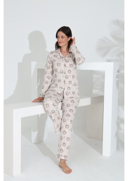 %100 Pamuk Uzun Kol Önden Düğmeli Kadın Pijama Takımı 98241 fırsatları