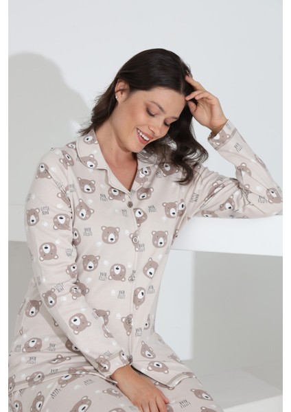 %100 Pamuk Uzun Kol Önden Düğmeli Kadın Pijama Takımı 98241 indirimleri