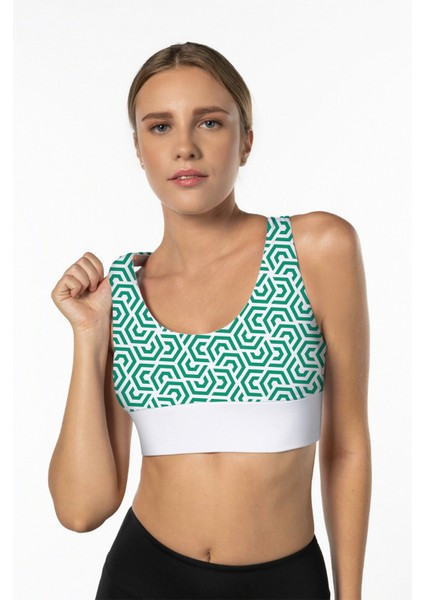 Yeşil Lotus Desenli Yüksek Destekli Sırt Detaylı Kaplı Kadın Spor Sütyeni