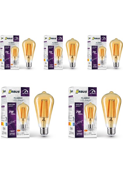 7W E27 Filament LED Ampul - Dim Edilebilir - DST58 5li
