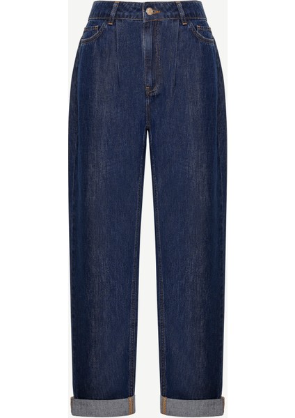 Nakış Detaylı Yüksek Bel Rahat Fit Denim Pantolon