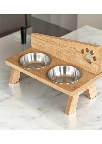 Ahşap, Çelik Kaseli Kedi- Küçük Irk Köpek Mama ve Su Kabı