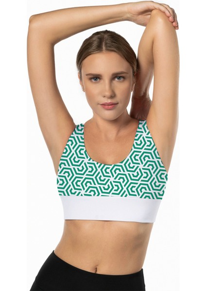 Yeşil Lotus Desenli Yüksek Destekli Sırt Detaylı Kaplı Kadın Spor Sütyeni