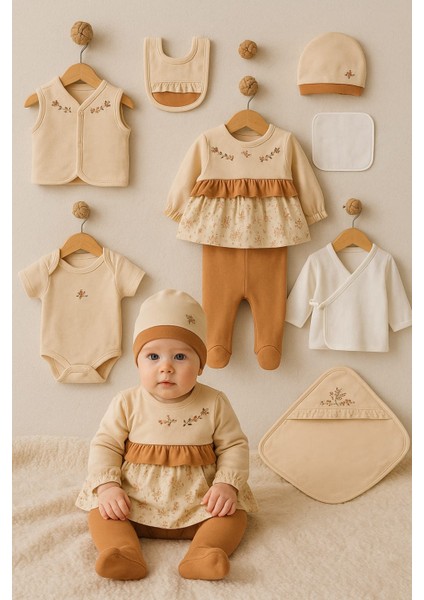 Kız Bebek Yenidoğan %100 Organik Pamuk Çiçek Nakışlı 10 Parça Hastane Çıkış Zıbın Seti