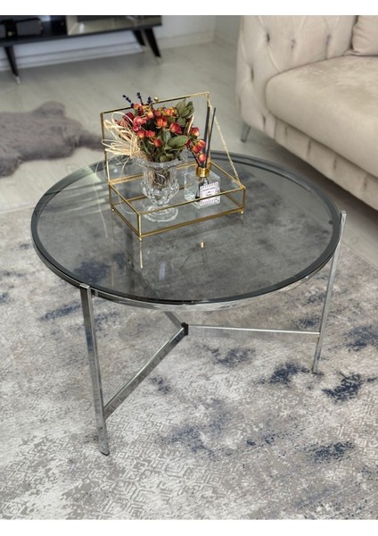 Asya Metal Camlı Orta Sehpa Gümüş - Füme