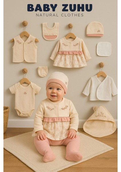 Kız Bebek Yenidoğan %100 Organik Pamuk Çiçek Nakışlı 10 Parça Hastane Çıkış Zıbın Seti