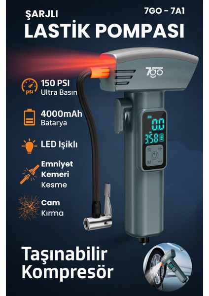 7A1 Hava Pompası | 150 Psı Ultra Basınç | 4000MAH Batarya | LED Işıklı & LCD Ekranlı Taşınabilir Kompresör