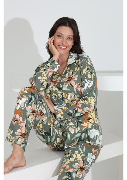 %100 Pamuk Uzun Kol Önden Düğmeli Kadın Pijama Takımı 98242