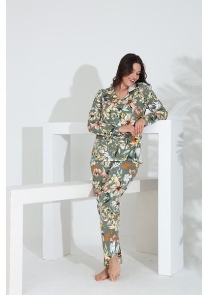 %100 Pamuk Uzun Kol Önden Düğmeli Kadın Pijama Takımı 98242 modelleri