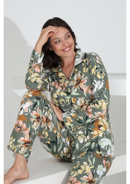 %100 Pamuk Uzun Kol Önden Düğmeli Kadın Pijama Takımı 98242 indirimleri