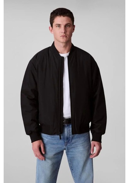 Erkek Tam Kalıp Kolej Yaka Bomber Ceket - Siyah