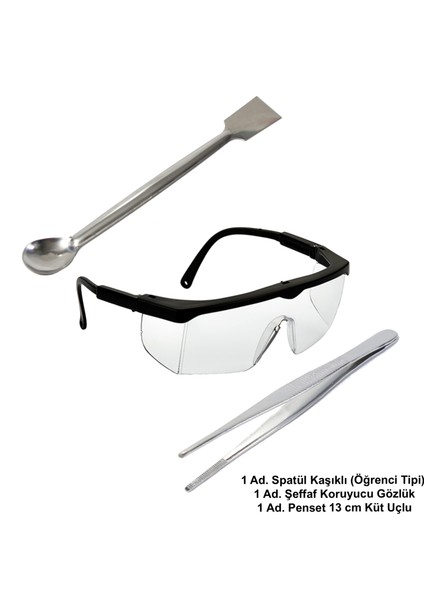 Laboratuvar Öğrenci Seti - C / Spatül Öğrenci Tipi + Koruyucu Gözlük + Penset 13 cm Düz-Küt Uçlu