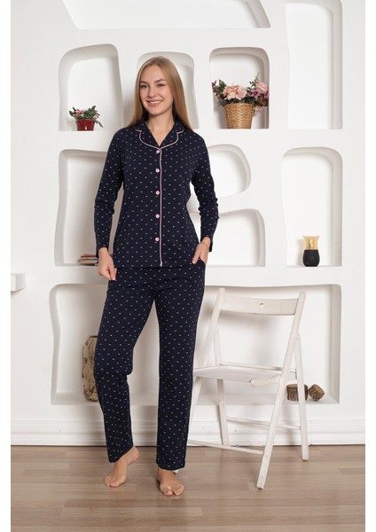 Boydan Düğmeli Gömlek Yaka Uzun Kol Kadın Pijama Takımı - Desenli Pamuklu Likralı Penye Cepli Alt fiyatları