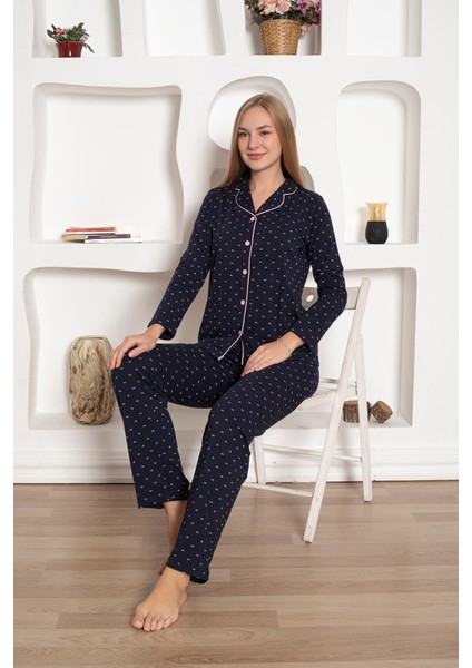 Boydan Düğmeli Gömlek Yaka Uzun Kol Kadın Pijama Takımı - Desenli Pamuklu Likralı Penye Cepli Alt fırsatları