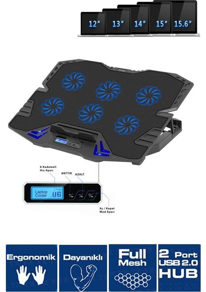 FNC-5235ST GS6 Notebook Soğutucu (6xFan) LCD Kontrol Panel Metal Izgara 5 Kademeli Yükseklik