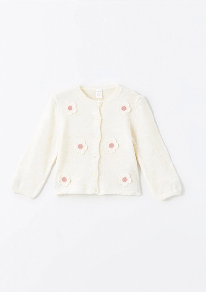 Lcw Kids Ekru Bisiklet Yaka Çiçek Nakışlı Kız Çocuk Triko Hırka