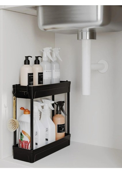 Çok Amaçlı 2 Katlı Evye Altı Düzenleyici Askılı Banyo Dolap Içi Organizer Rafı Standı 36x35 cm