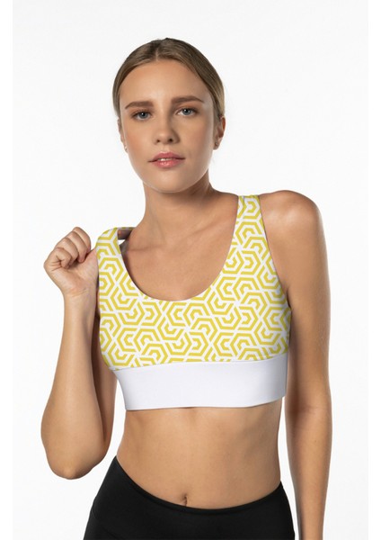 Sarı Lotus Desenli Yüksek Destekli Sırt Detaylı Kaplı Kadın Spor Sütyeni