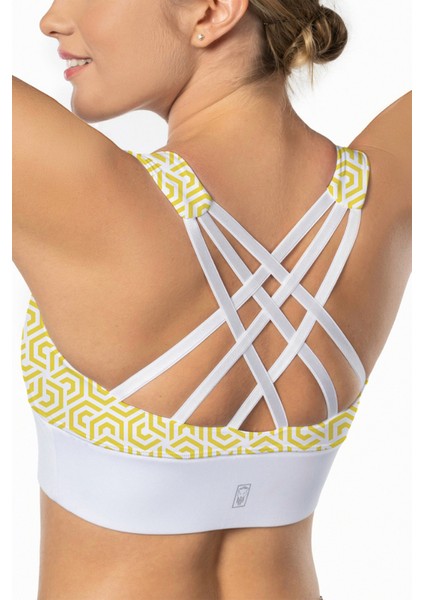 Sarı Lotus Desenli Yüksek Destekli Sırt Detaylı Kaplı Kadın Spor Sütyeni modelleri