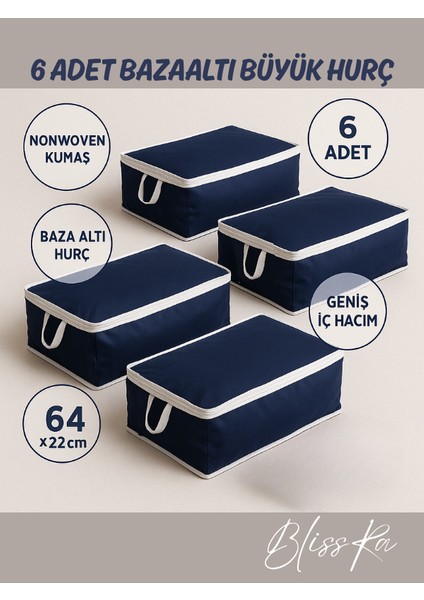 Lacivert Baza Altı Hurç Seti 6’lı, Organizer Yorgan Nevresim Saklama, 64X40X22