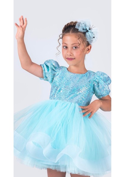 Aden Pullu Payetli Tütü Doğum Günü Mezuniyet Parti Kostüm Kısa Balon Kollu Abiye Kız Çocuk Elbise