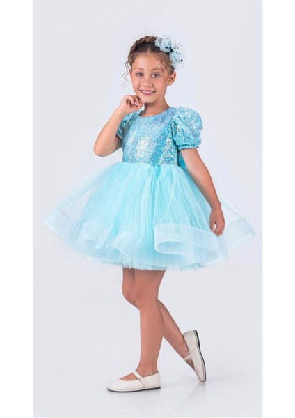 Aden Pullu Payetli Tütü Doğum Günü Mezuniyet Parti Kostüm Kısa Balon Kollu Abiye Kız Çocuk Elbise