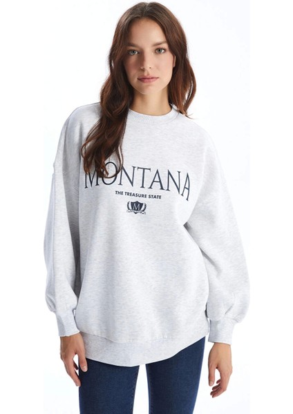 Lcw Vision Gri Bisiklet Yaka Baskılı Oversize Kadın Kalın Sweatshirt